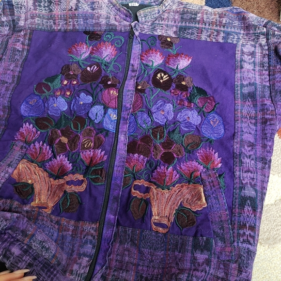 Guatemalan Cotton Purple Embroidered Zip Front Knit Coat - Picture 10 of 11